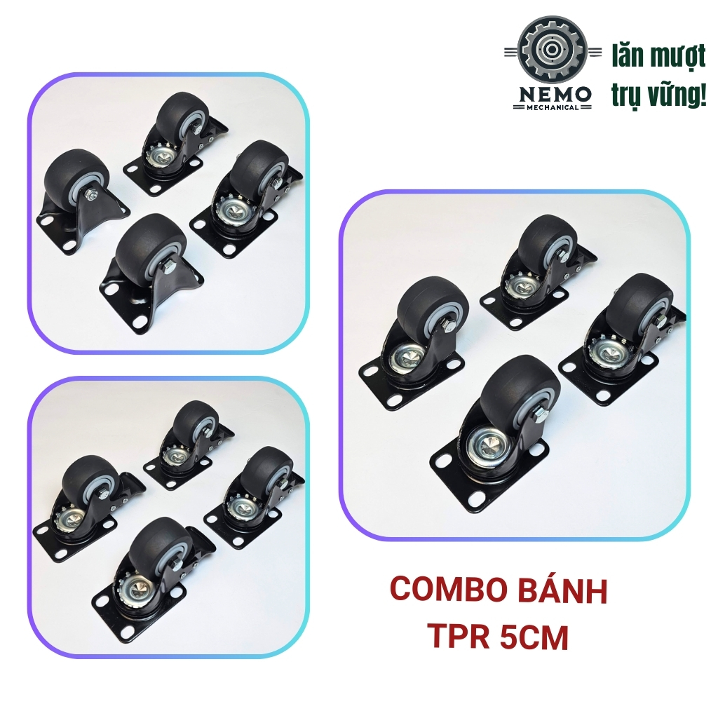 Bánh xe TPR chống ồn, có bạc đạn, tải cao dùng cho xe đẩy di chuyển không gây ồn